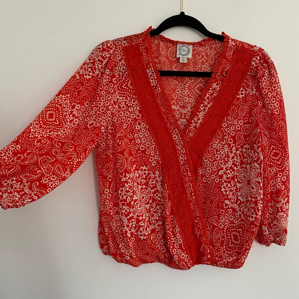 BLUE RAIN Faux Wrap Red White 3/4 Sleeve Blouse Size M